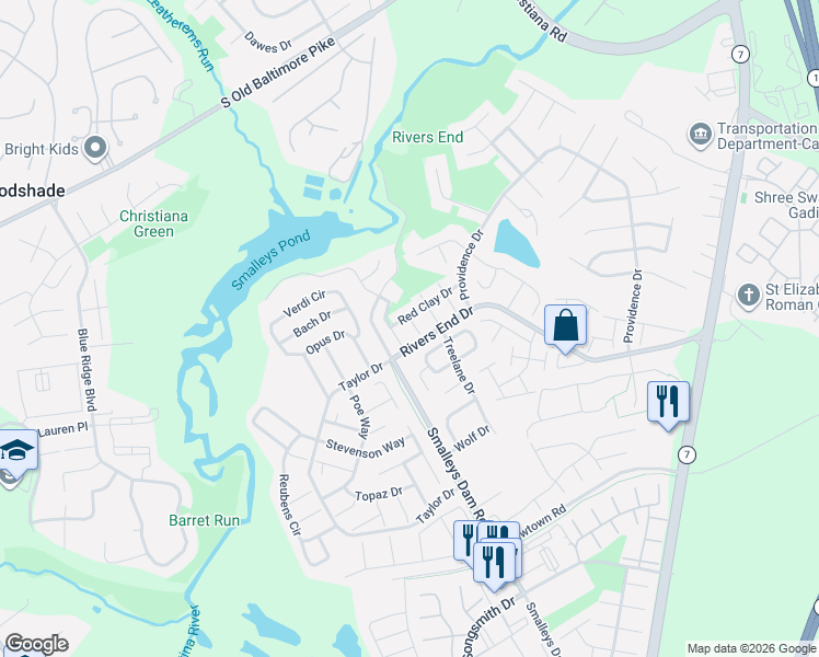 map of restaurants, bars, coffee shops, grocery stores, and more near in New Castle County