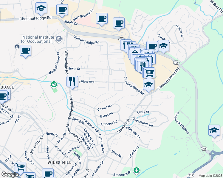 map of restaurants, bars, coffee shops, grocery stores, and more near 10-18 Briar Patch Lane in Morgantown