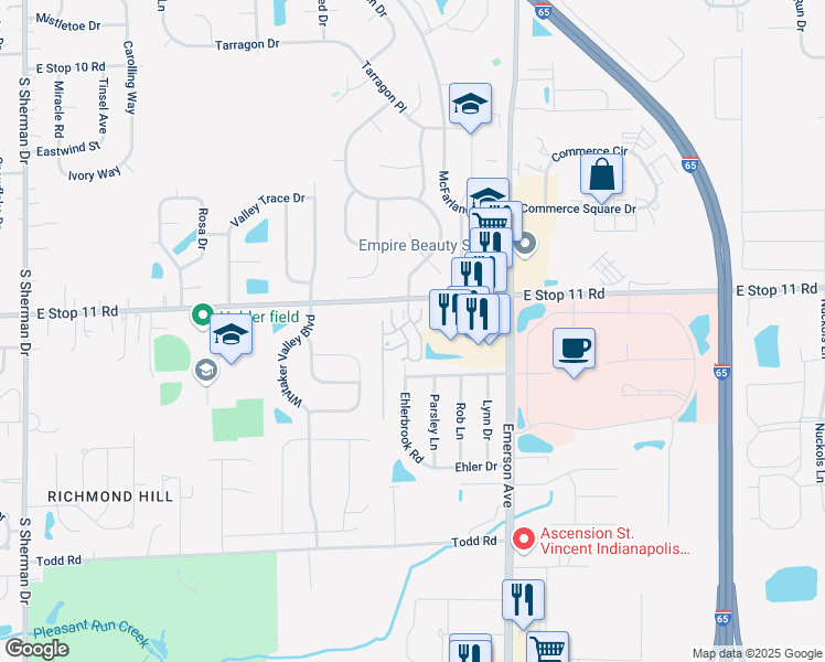 map of restaurants, bars, coffee shops, grocery stores, and more near 8035 Preidt Place in Indianapolis