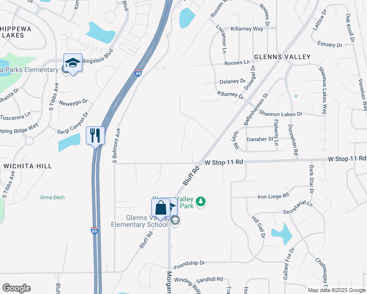 map of restaurants, bars, coffee shops, grocery stores, and more near 7990 Bluff Road in Indianapolis