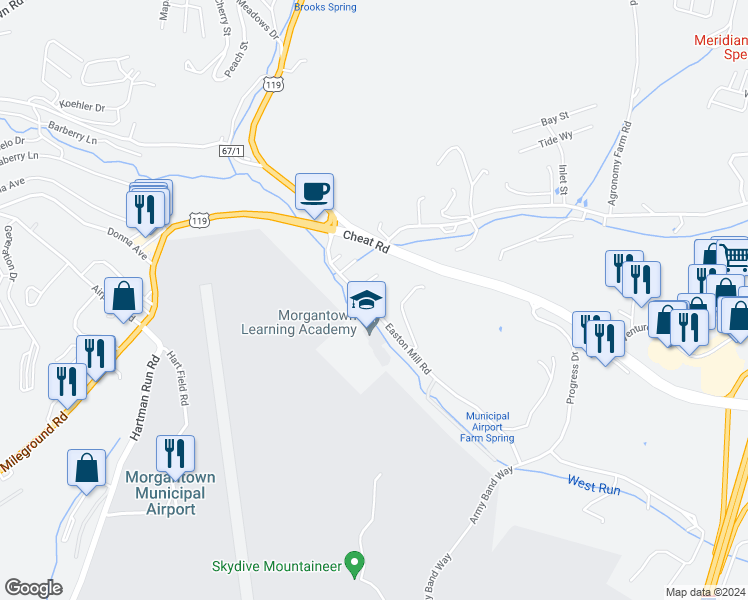 map of restaurants, bars, coffee shops, grocery stores, and more near 67 Easton Mill Road in Morgantown