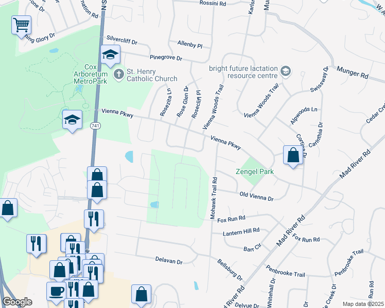 map of restaurants, bars, coffee shops, grocery stores, and more near 2590 Vienna Estates Drive in Dayton