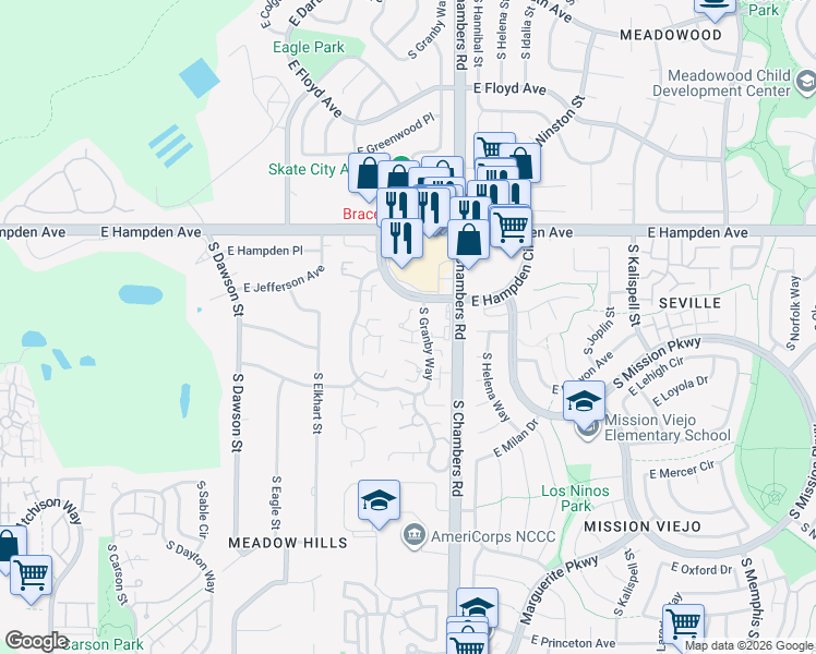 map of restaurants, bars, coffee shops, grocery stores, and more near 15146 East Jefferson Place in Aurora
