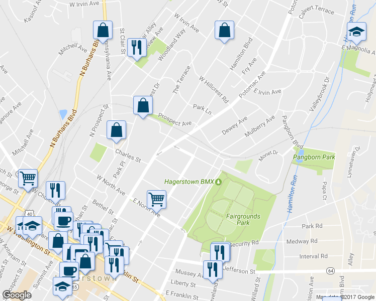map of restaurants, bars, coffee shops, grocery stores, and more near 40 Fairground Avenue in Hagerstown