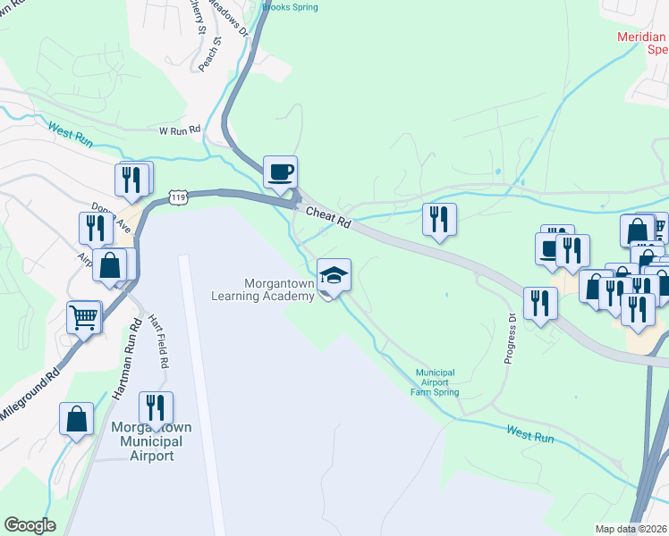 map of restaurants, bars, coffee shops, grocery stores, and more near 123 Discovery Place in Morgantown