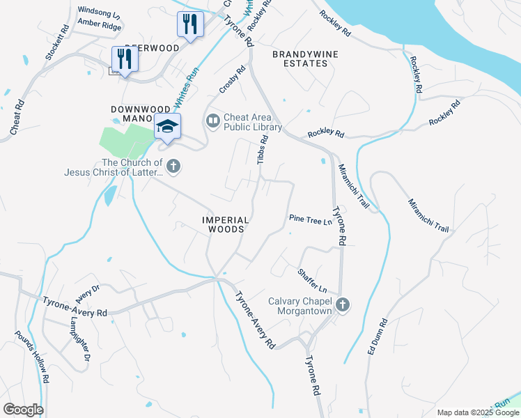 map of restaurants, bars, coffee shops, grocery stores, and more near 145 Tibbs Road in Morgantown