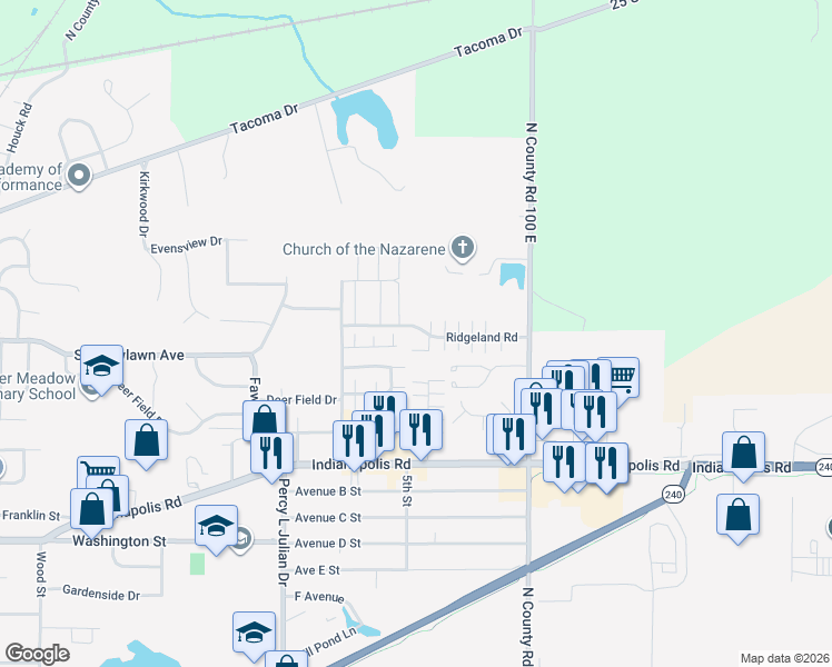map of restaurants, bars, coffee shops, grocery stores, and more near 1132 Canterbury Drive in Greencastle
