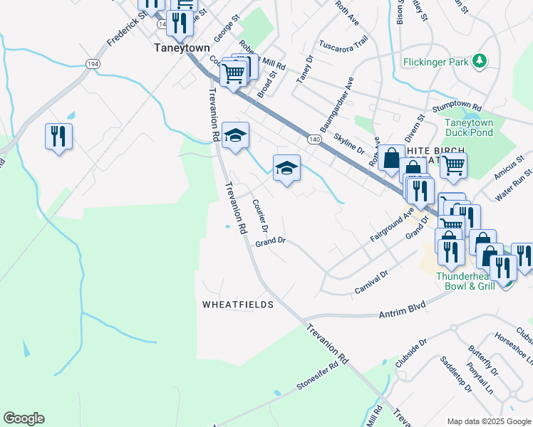 map of restaurants, bars, coffee shops, grocery stores, and more near 13 Courier Drive in Taneytown