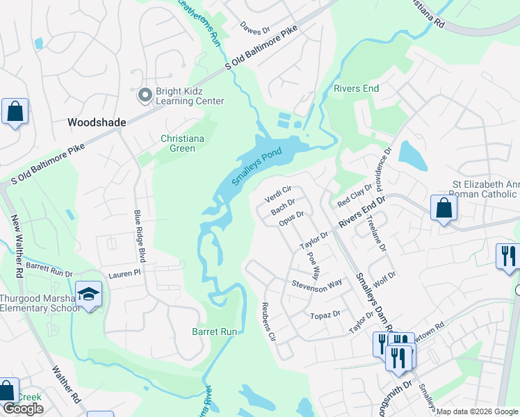 map of restaurants, bars, coffee shops, grocery stores, and more near 11 Verdi Circle in Newark