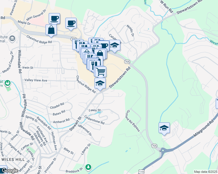 map of restaurants, bars, coffee shops, grocery stores, and more near 135 School Street in Morgantown