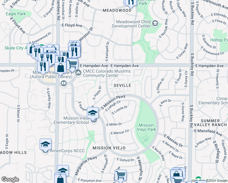 map of restaurants, bars, coffee shops, grocery stores, and more near 3695E South Kittredge Street in Aurora