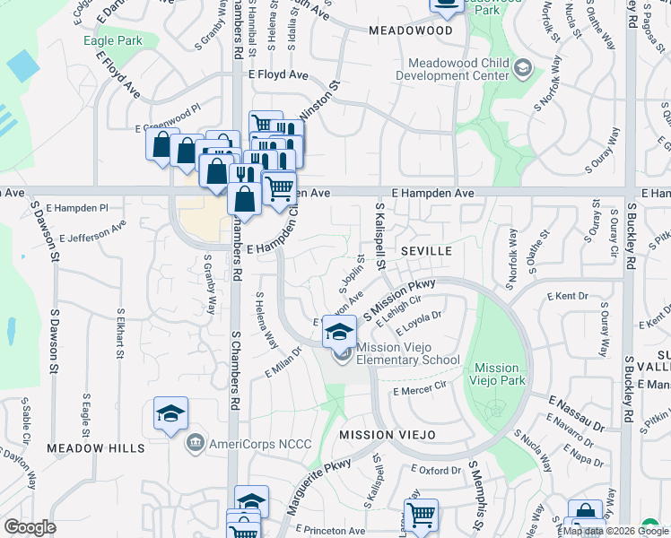 map of restaurants, bars, coffee shops, grocery stores, and more near 3681 South Joplin Street in Aurora