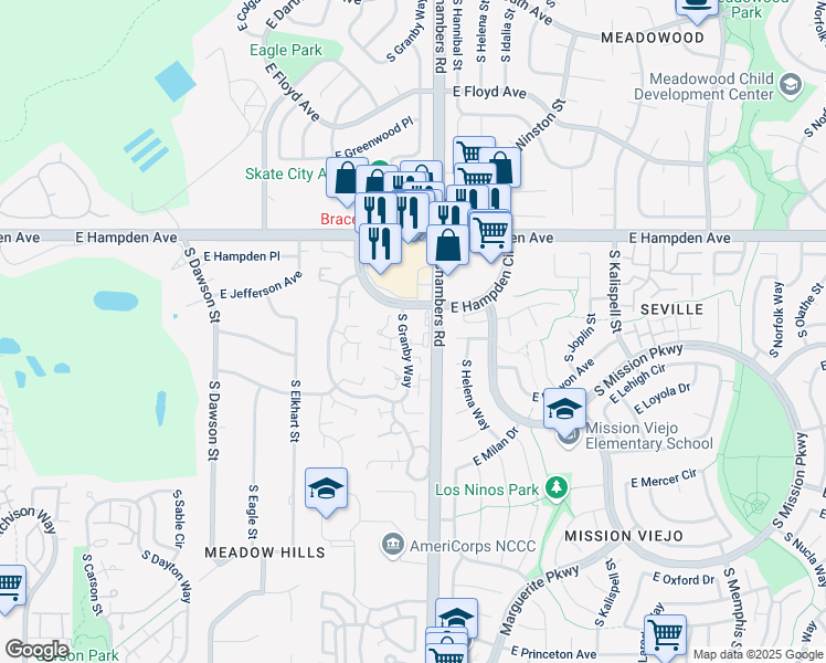 map of restaurants, bars, coffee shops, grocery stores, and more near 3700 South Granby Way in Aurora