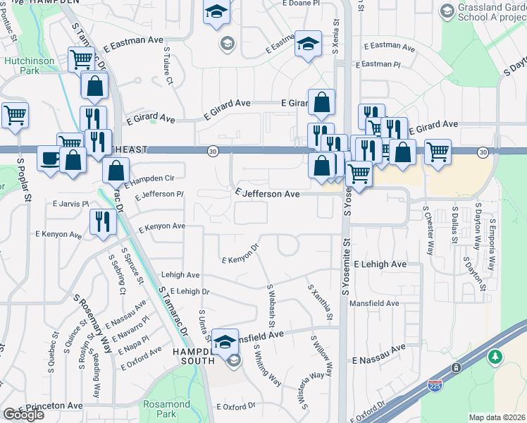 map of restaurants, bars, coffee shops, grocery stores, and more near 8500 East Jefferson Avenue in Denver