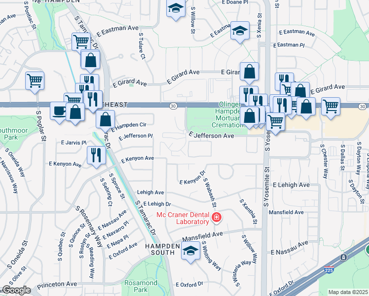 map of restaurants, bars, coffee shops, grocery stores, and more near 8299 East Kenyon Avenue in Denver