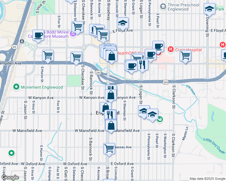 map of restaurants, bars, coffee shops, grocery stores, and more near 3687 South Lincoln Street in Englewood