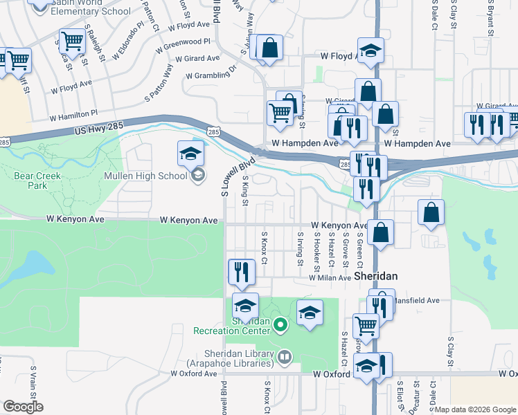 map of restaurants, bars, coffee shops, grocery stores, and more near 3670 South King Street in Denver