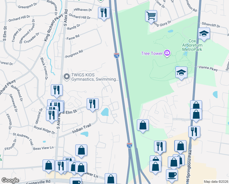 map of restaurants, bars, coffee shops, grocery stores, and more near 1107 Arrowhead Crossing in West Carrollton