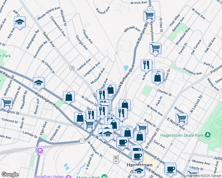 map of restaurants, bars, coffee shops, grocery stores, and more near 417 Carrolton Avenue in Hagerstown