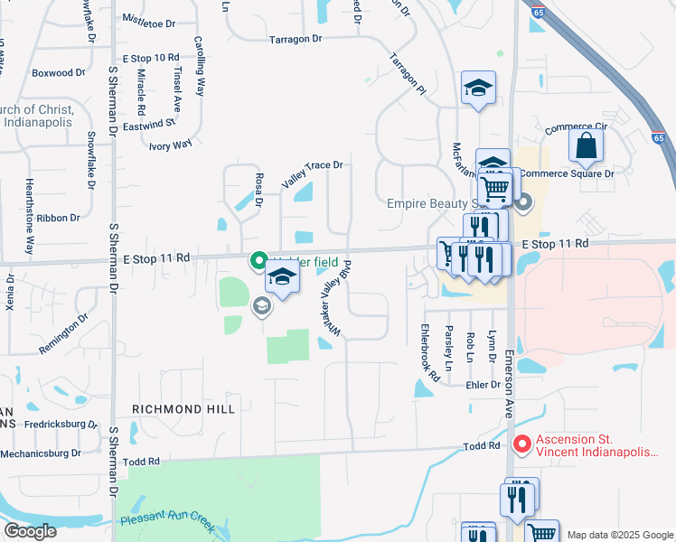 map of restaurants, bars, coffee shops, grocery stores, and more near 8100 Whitaker Valley Boulevard in Indianapolis