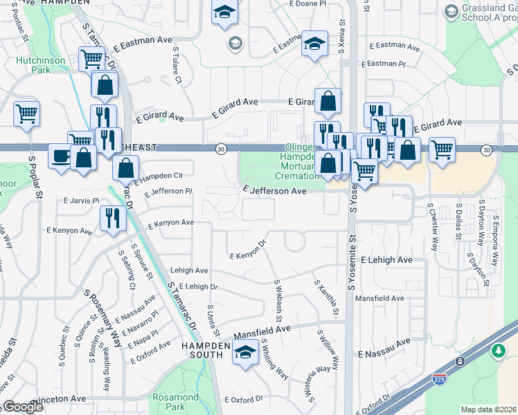 map of restaurants, bars, coffee shops, grocery stores, and more near 8500 East Jefferson Avenue in Denver