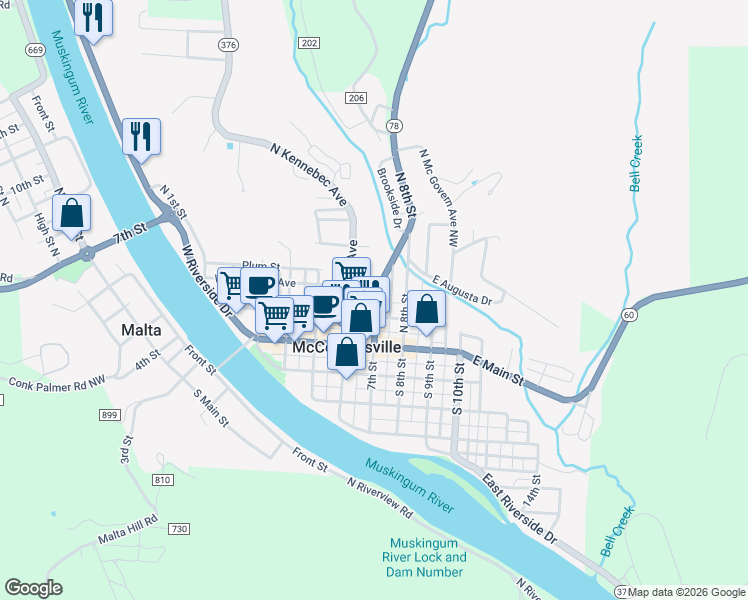 map of restaurants, bars, coffee shops, grocery stores, and more near 260 North 7th Street in McConnelsville