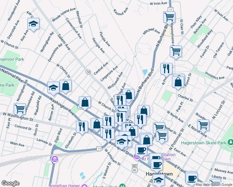 map of restaurants, bars, coffee shops, grocery stores, and more near 325 Mitchell Avenue in Hagerstown