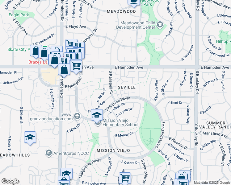map of restaurants, bars, coffee shops, grocery stores, and more near 3583 South Kittredge Street in Aurora