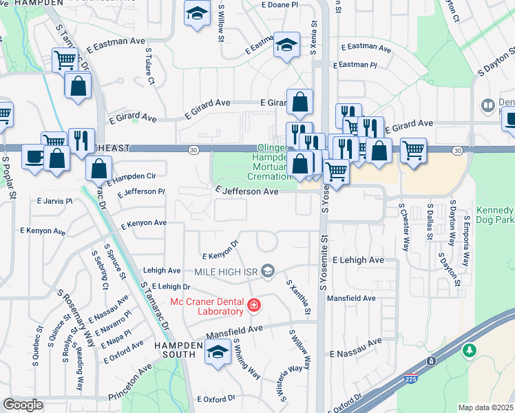 map of restaurants, bars, coffee shops, grocery stores, and more near 8655 East Jefferson Avenue in Denver