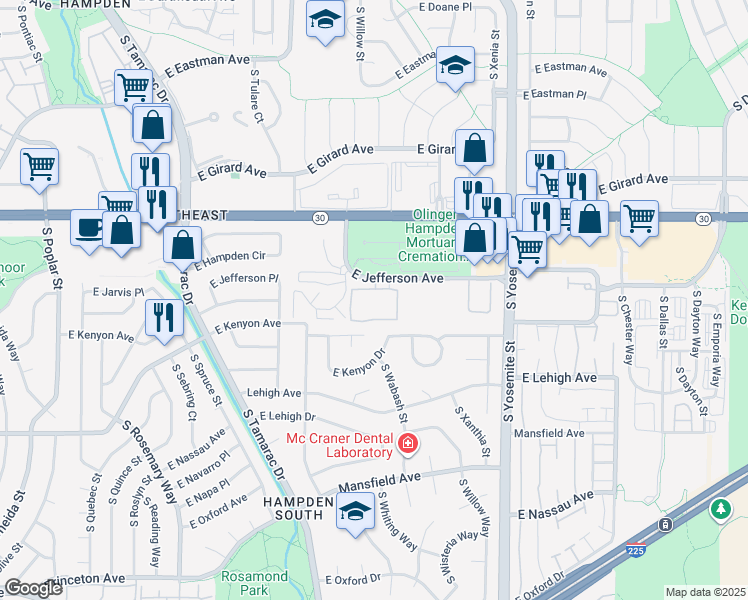 map of restaurants, bars, coffee shops, grocery stores, and more near 8500 East Jefferson Avenue in Denver