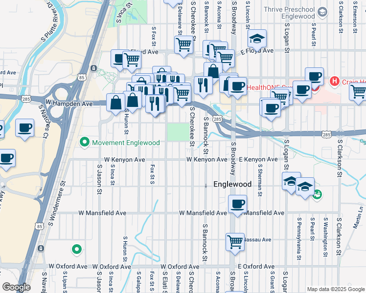 map of restaurants, bars, coffee shops, grocery stores, and more near 3600 South Elati Street in Englewood