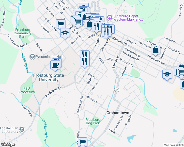 map of restaurants, bars, coffee shops, grocery stores, and more near 114 Bowery Street in Frostburg