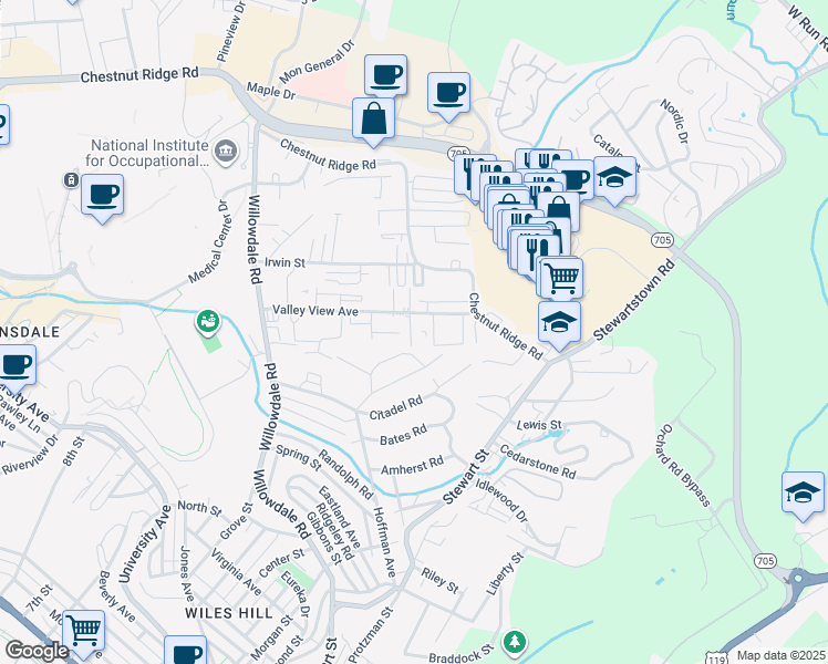map of restaurants, bars, coffee shops, grocery stores, and more near 1 Ridgeview Street in Morgantown