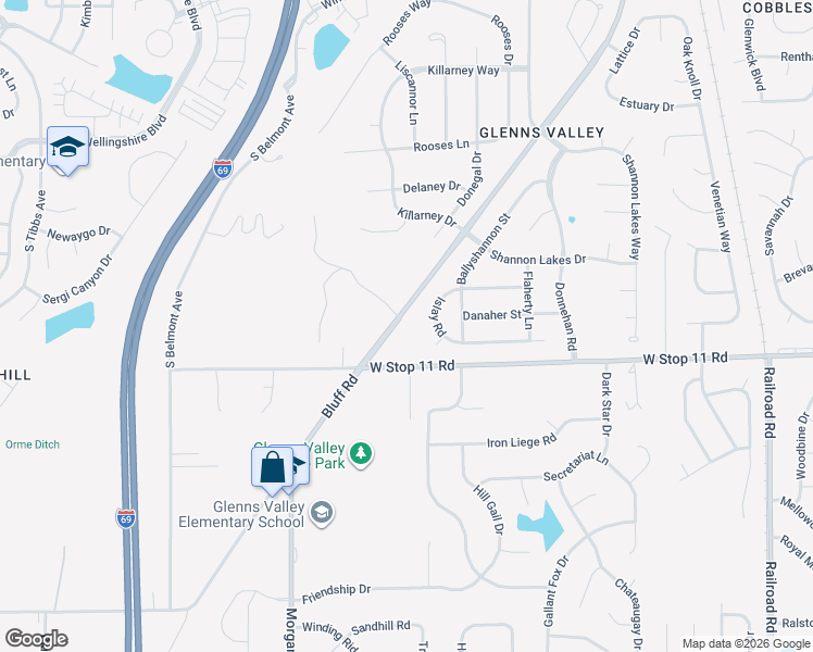 map of restaurants, bars, coffee shops, grocery stores, and more near 7841 Bluff Road in Indianapolis