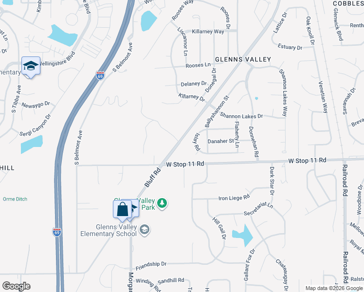 map of restaurants, bars, coffee shops, grocery stores, and more near 7841 Bluff Road in Indianapolis