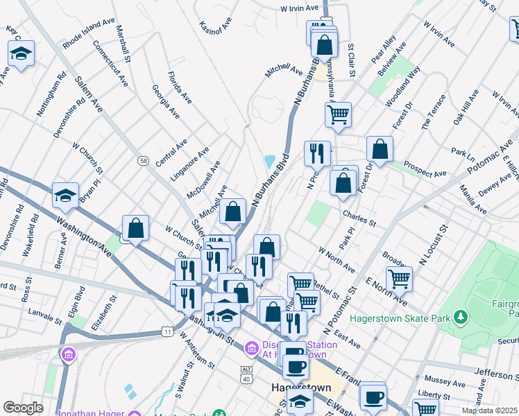 map of restaurants, bars, coffee shops, grocery stores, and more near 444 North Burhans Boulevard in Hagerstown