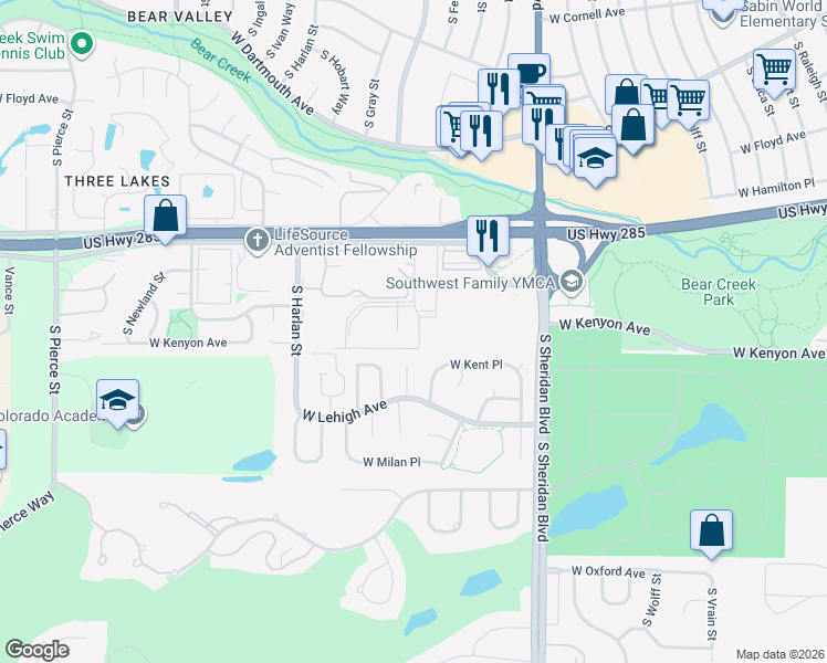 map of restaurants, bars, coffee shops, grocery stores, and more near 3636 South Depew Street in Denver