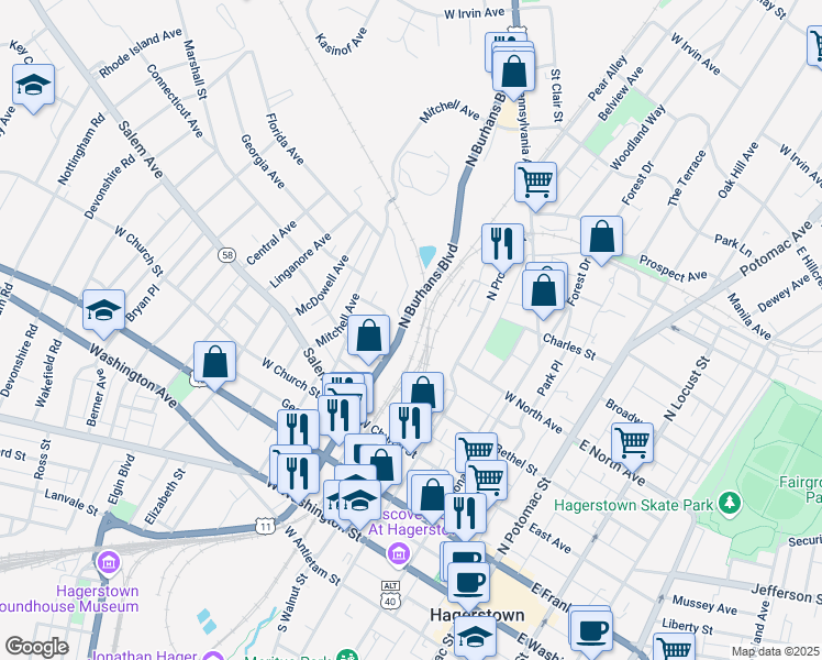 map of restaurants, bars, coffee shops, grocery stores, and more near 444 North Burhans Boulevard in Hagerstown