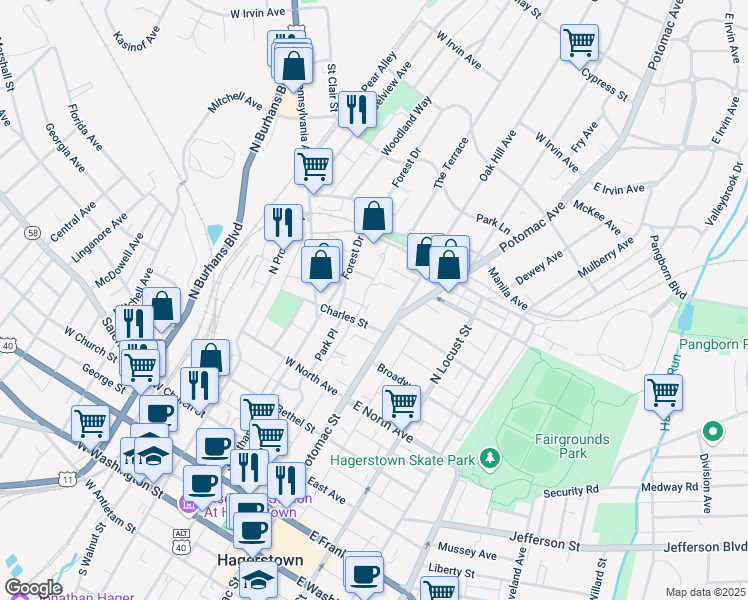 map of restaurants, bars, coffee shops, grocery stores, and more near 629 Oak Hill Avenue in Hagerstown