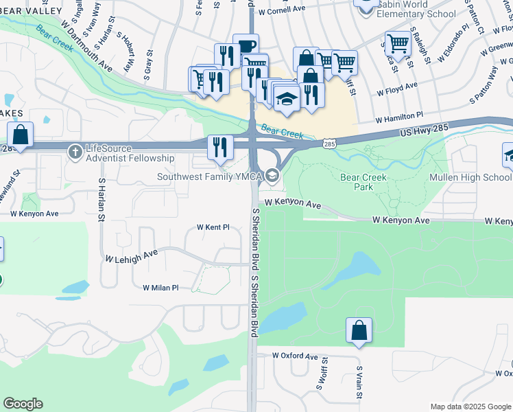 map of restaurants, bars, coffee shops, grocery stores, and more near 5181 West Kenyon Avenue in Denver