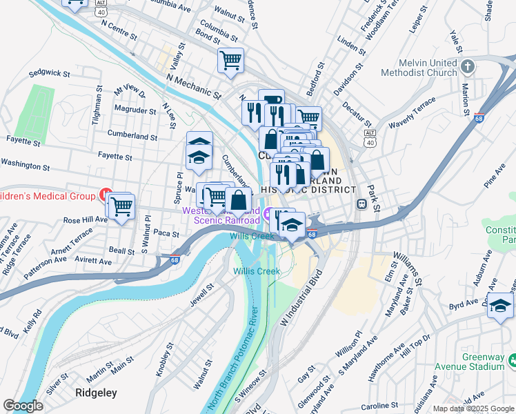 map of restaurants, bars, coffee shops, grocery stores, and more near 18 Greene Street in Cumberland