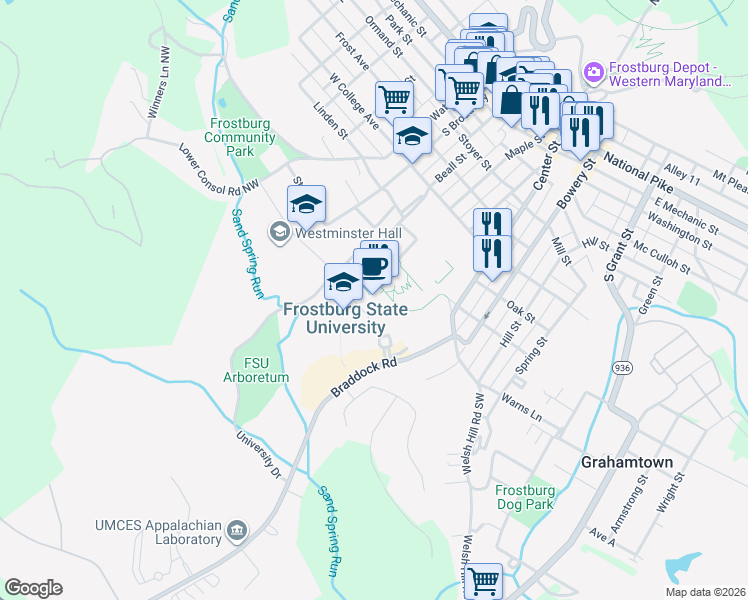 map of restaurants, bars, coffee shops, grocery stores, and more near 101 Braddock Road in Frostburg