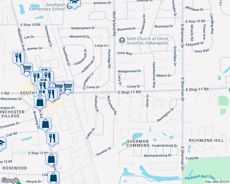 map of restaurants, bars, coffee shops, grocery stores, and more near E Stop 11 Rd & McFarland Rd in Indianapolis