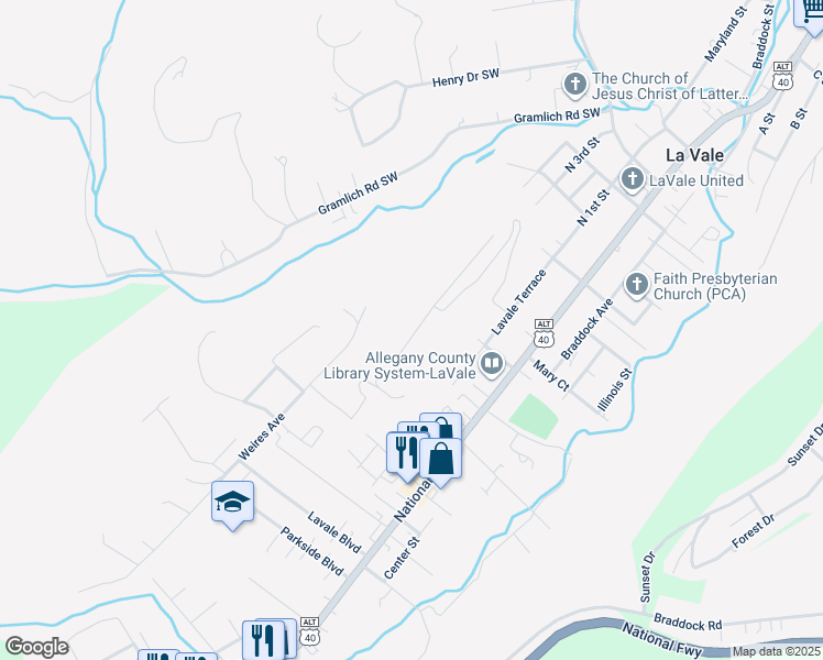 map of restaurants, bars, coffee shops, grocery stores, and more near 807 Valley View Drive in La Vale