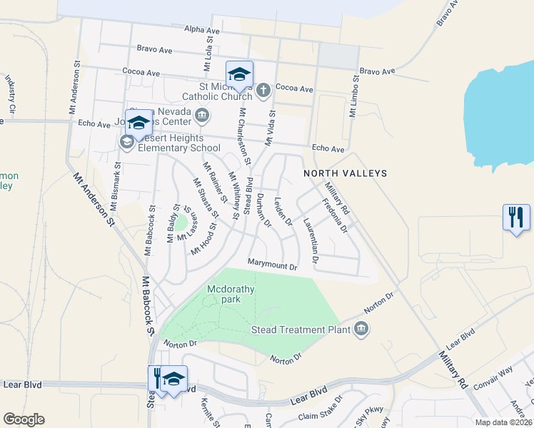 map of restaurants, bars, coffee shops, grocery stores, and more near 14436 Leiden Drive in Reno