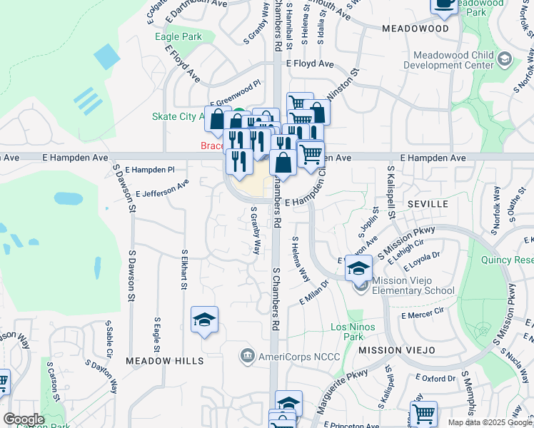map of restaurants, bars, coffee shops, grocery stores, and more near 15202 East Hampden Circle in Aurora