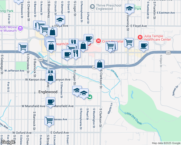 map of restaurants, bars, coffee shops, grocery stores, and more near 3600 South Pearl Street in Englewood