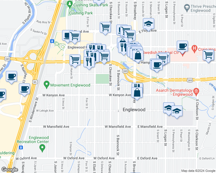 map of restaurants, bars, coffee shops, grocery stores, and more near 3638 South Cherokee Street in Englewood