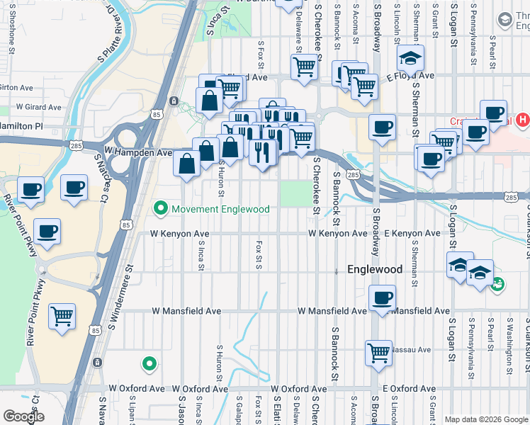 map of restaurants, bars, coffee shops, grocery stores, and more near 3615 South Elati Street in Englewood