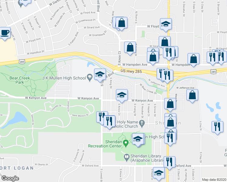 map of restaurants, bars, coffee shops, grocery stores, and more near 3500 South King Street in Denver